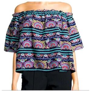 Aqua Off Shoulder Embroidered Boho Peasant Top Colorful Print Size M